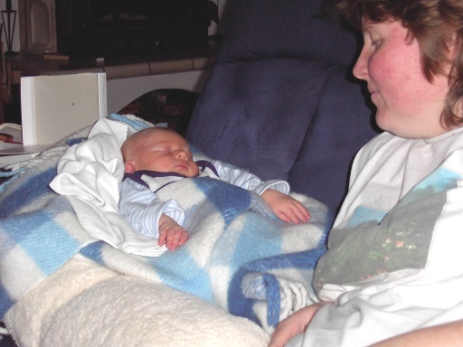 With my mom on the sofa.